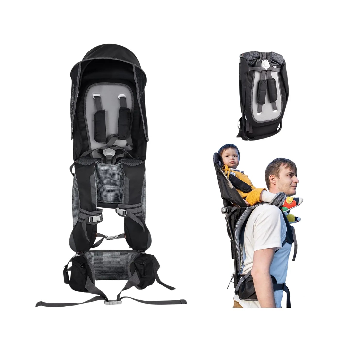 Child carrier backpack with a child on a white background