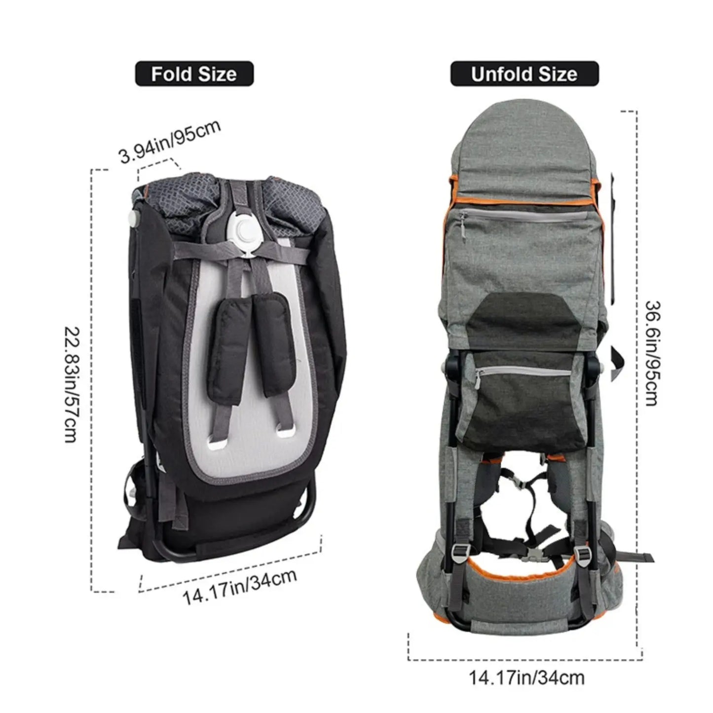 Backpack shown in both folded and unfolded states with measurements on a white background