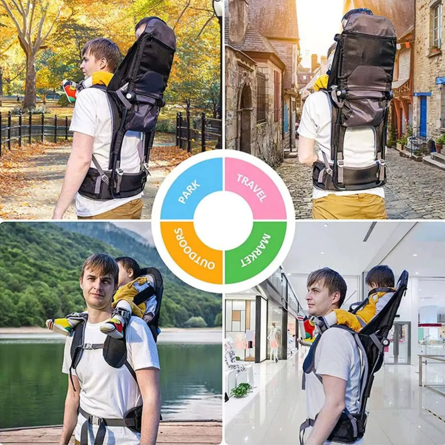 Collage of a person using a baby carrier in various settings with a color wheel labeled 'Packing', 'Travel', 'Market', 'Outdoors', and 'Family'.
