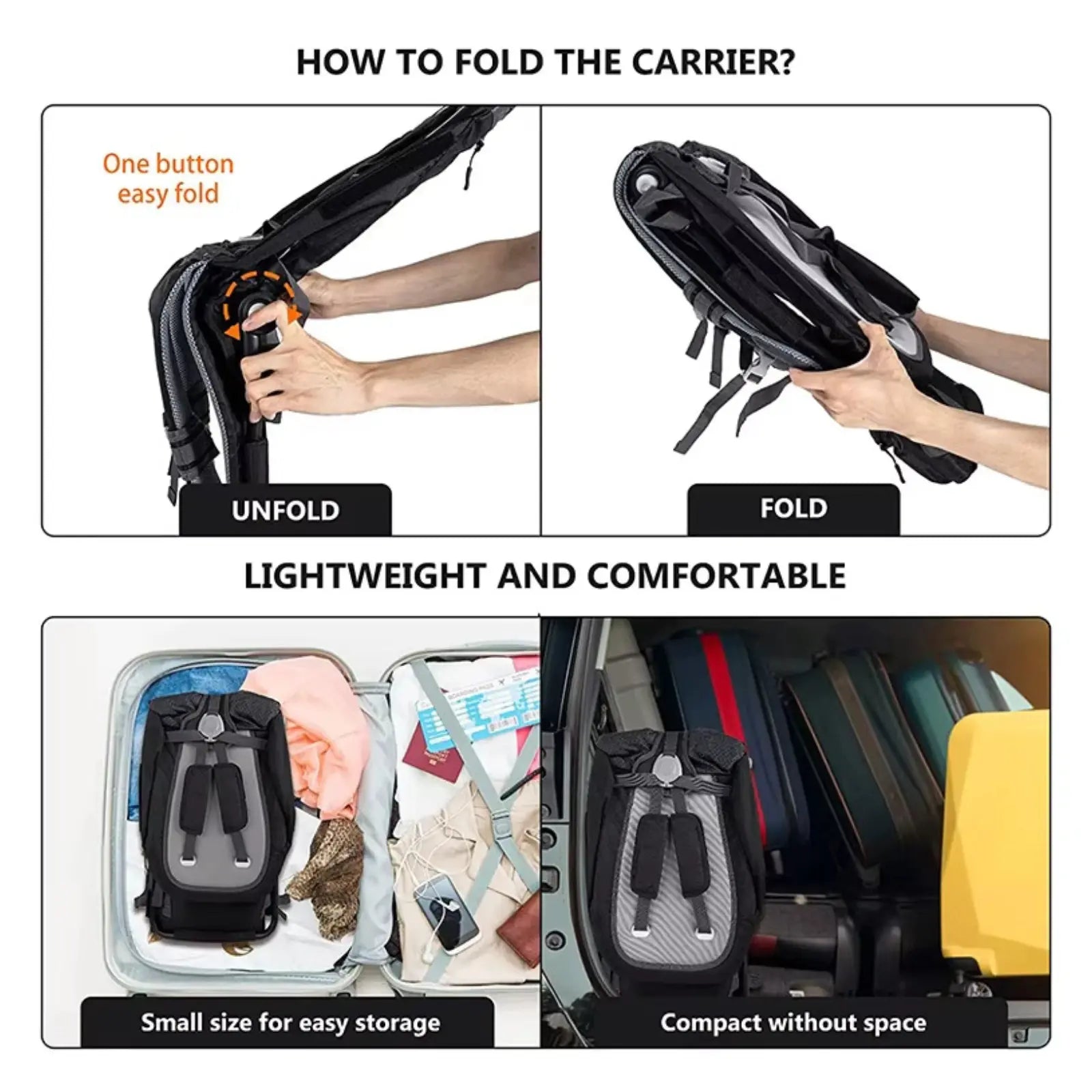 Instructions on how to fold a carrier with images of hands unfolding and folding the carrier, and showing its use.