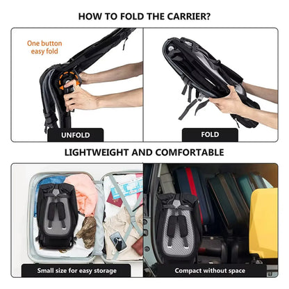 Instructions on how to fold a carrier with images of hands unfolding and folding the carrier, and showing its use.