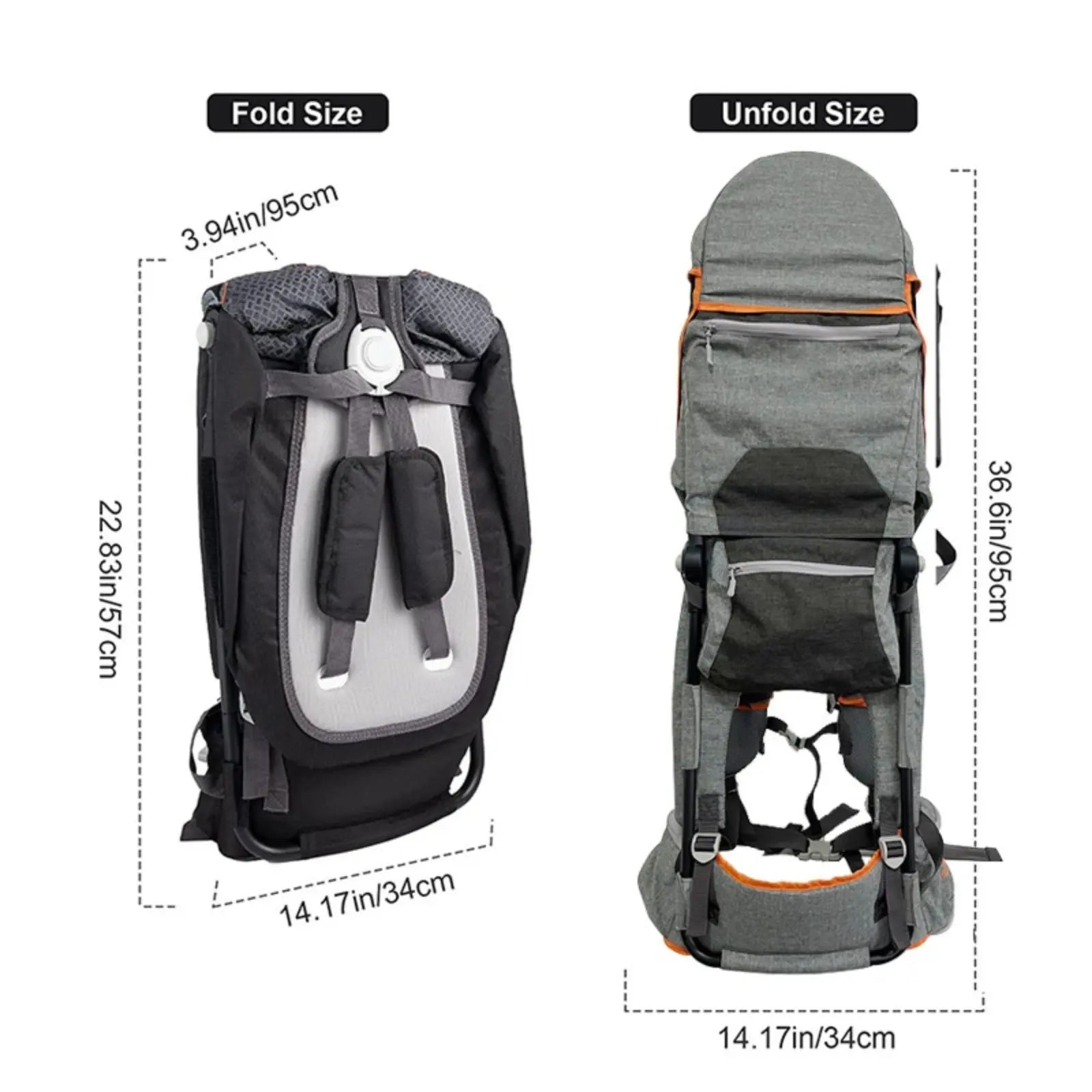 Backpack shown in both folded and unfolded states with measurements on a white background