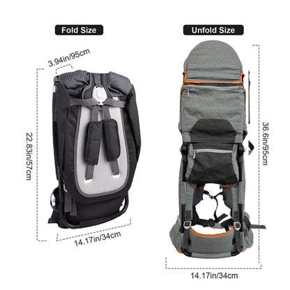 Backpack shown in both folded and unfolded states with measurements on a white background