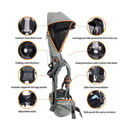 Gray and orange baby carrier with features highlighted on a white background