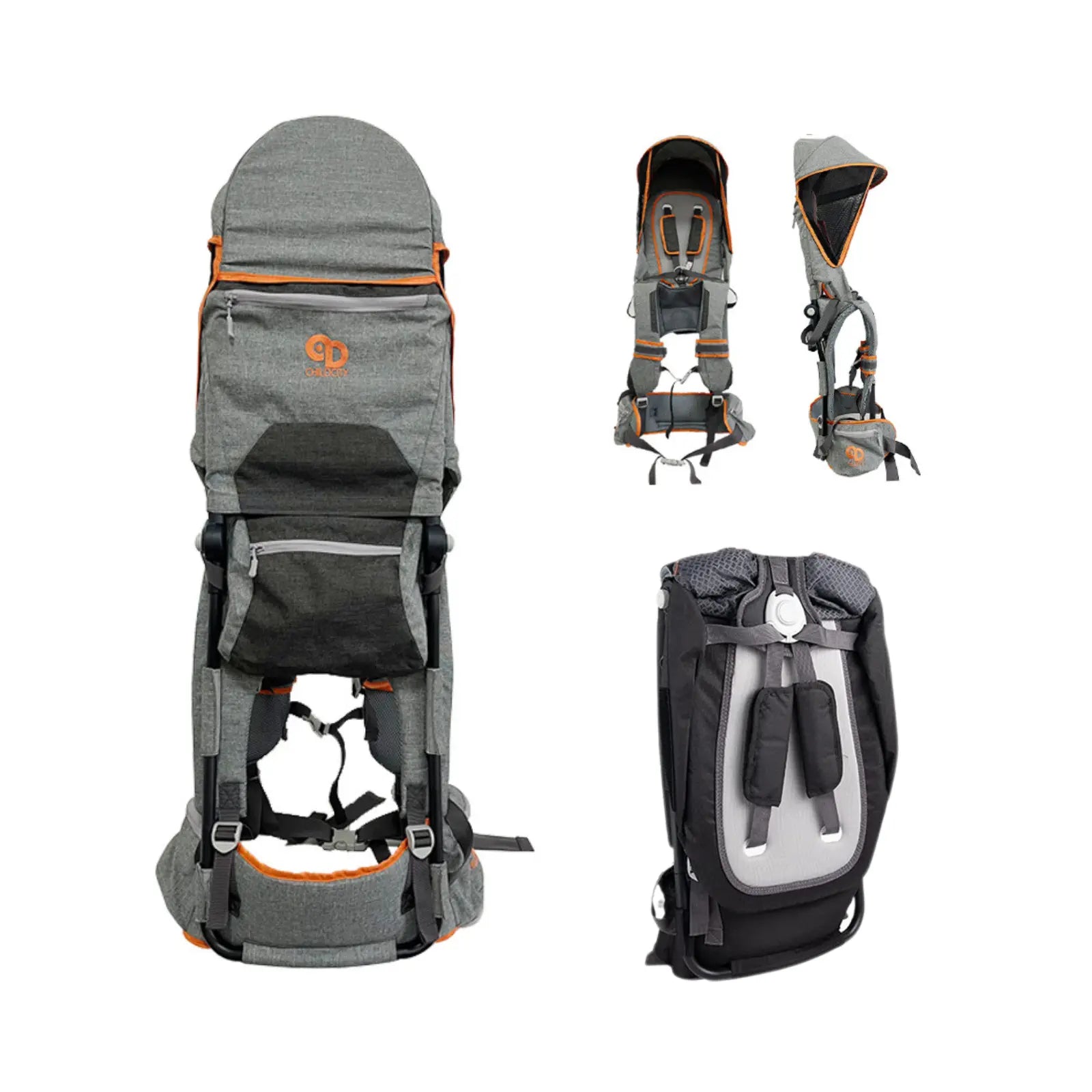 Gray and black child carrier with orange accents on a white background