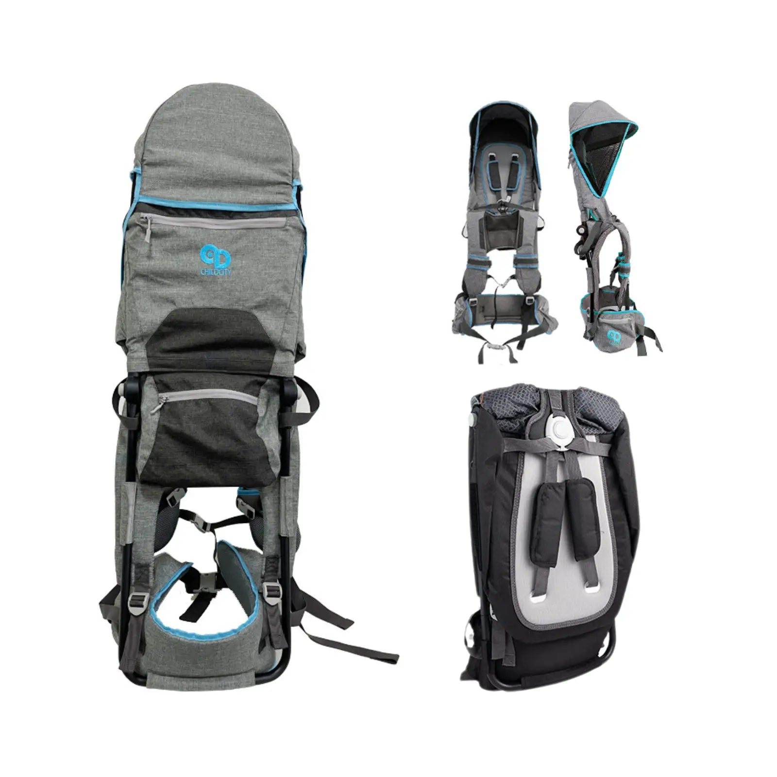Gray and black backpack with blue accents on a white background