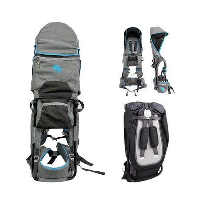 Gray and black backpack with blue accents on a white background