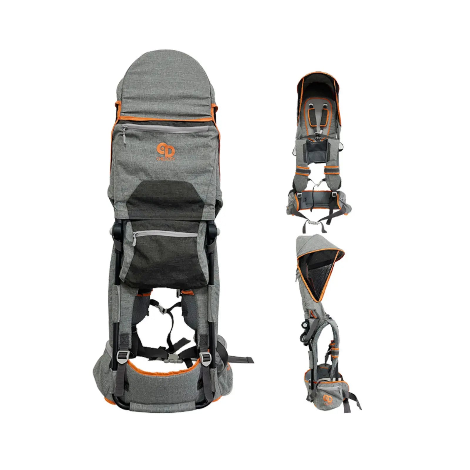 Gray and black child carrier with orange accents on a white background