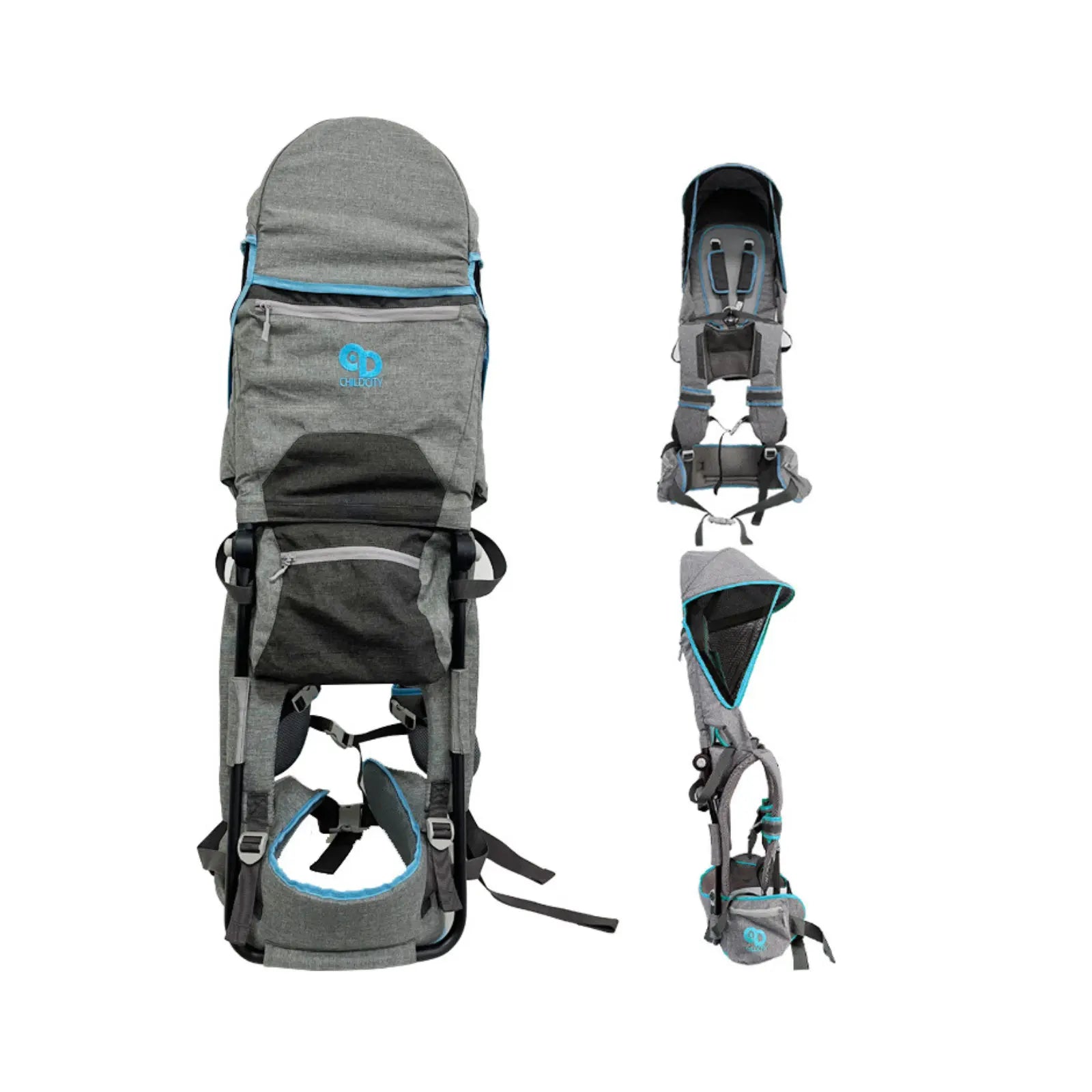 Gray and black child carrier with blue accents on a white background